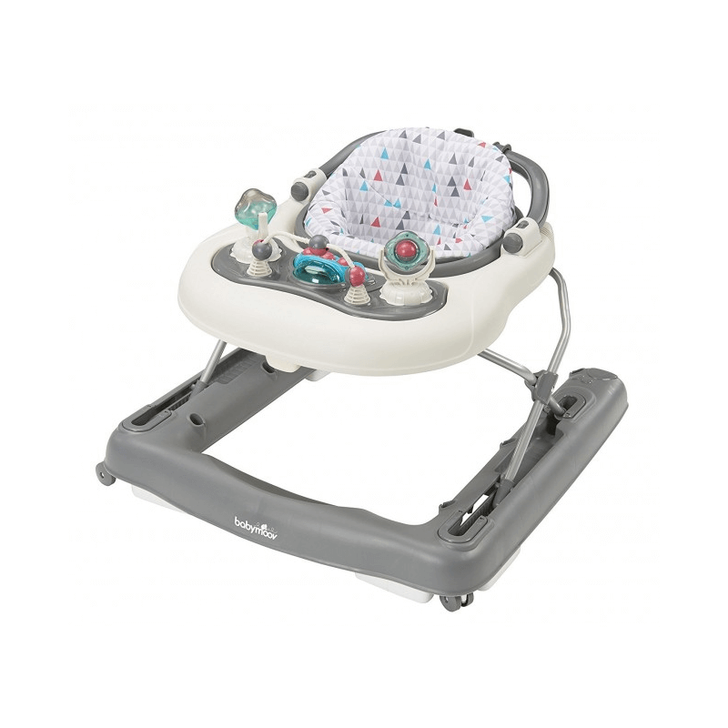 2-in-1 baby walker with beige seat and gray base, activity toy panel