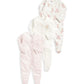 Baby sleepsuit set of 3 with floral print and solid white plus pale pink speckled