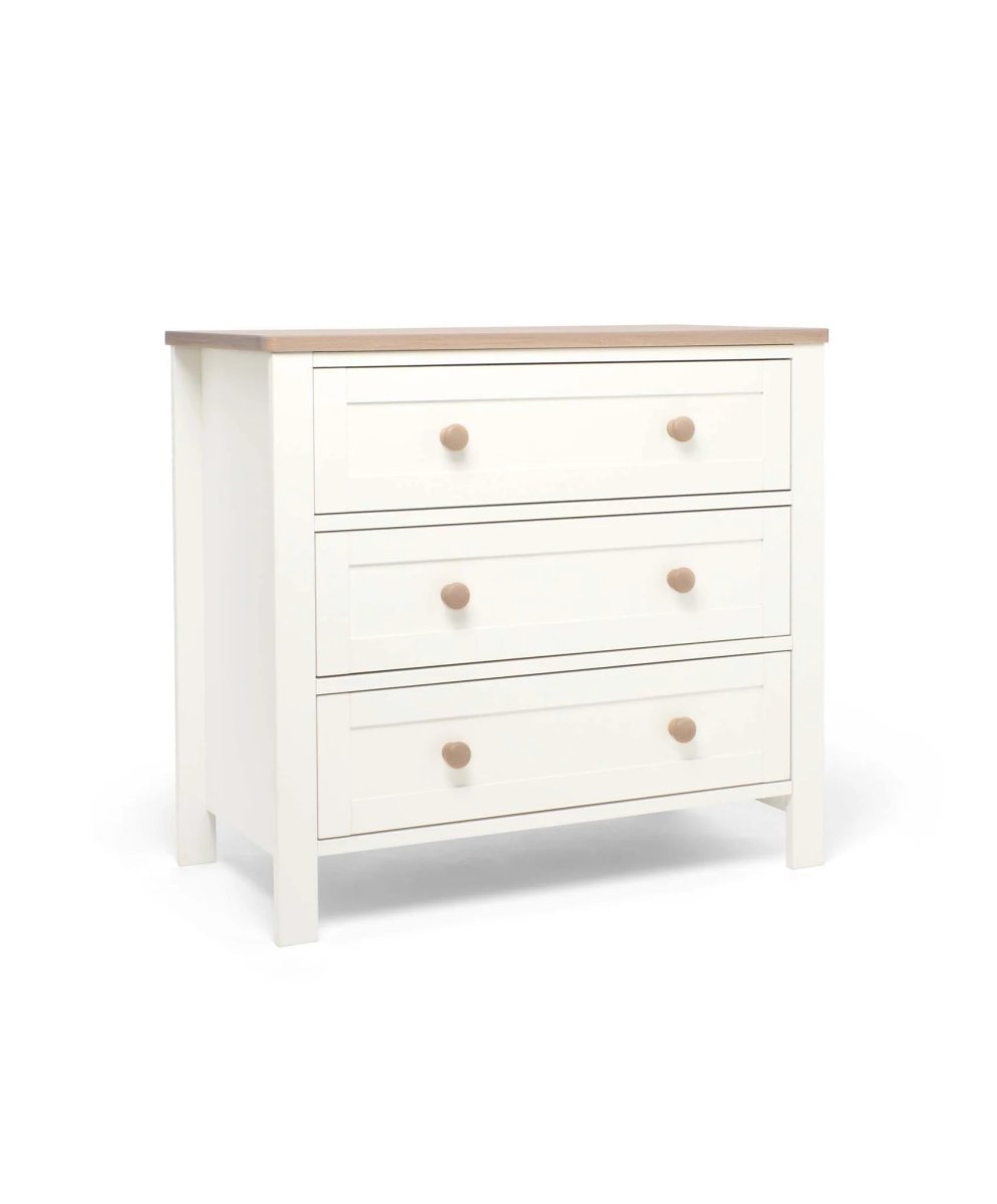 White nursery dresser changer with natural top and three drawers, two round wood knobs per drawer