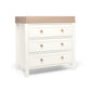White nursery dresser changer with natural top and three drawers, round wood knobs