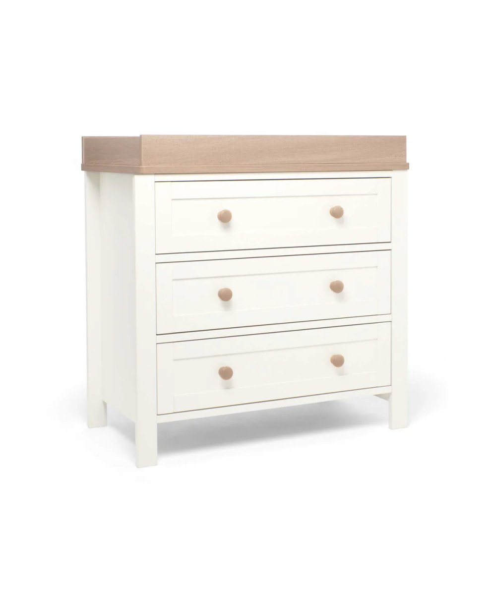 White nursery dresser changer with natural top and three drawers, round wood knobs