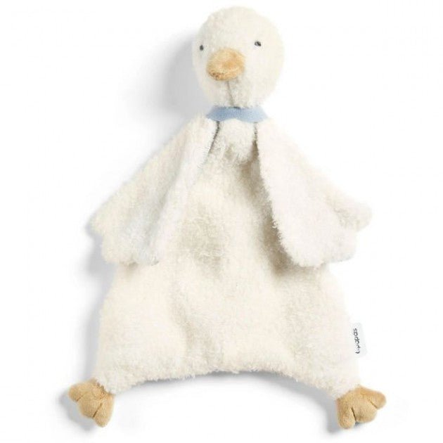 Plush duck comforter in cream with blue neck scarf and soft plush body