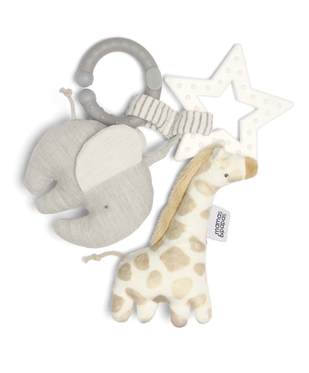 Safari linkie soft toy with plush giraffe, striped elephant, and star links