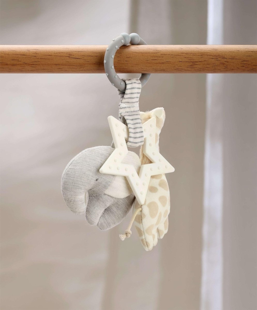 Safari linkie soft toy with plush giraffe, star and elephant attachments on a hanging clip