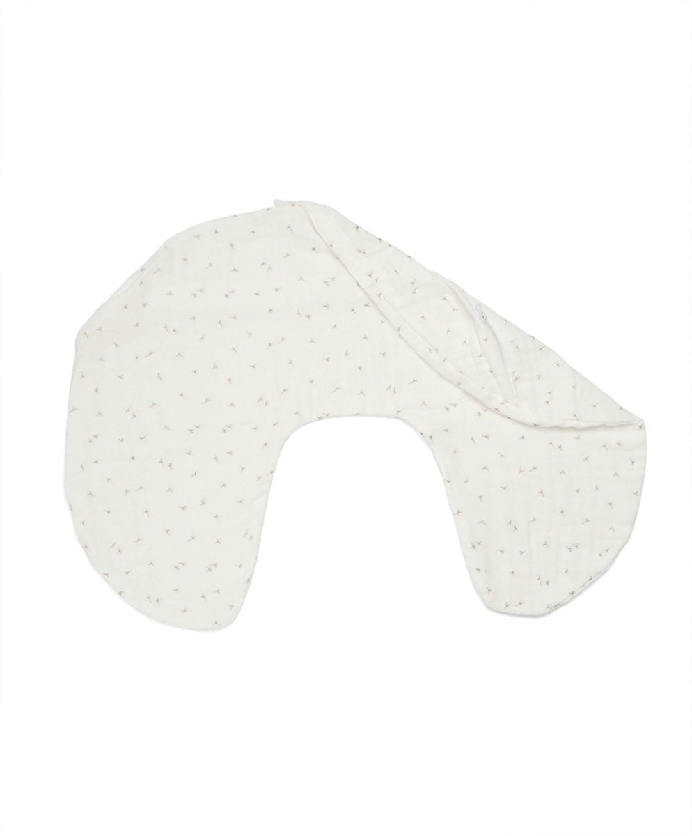 Nursing pillow cover with curved U-shape and small scattered pattern, natural