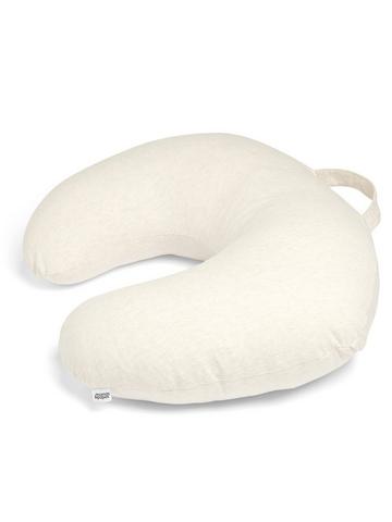 U-shaped nursing pillow in oatmeal marl fabric with small tag and handle loop