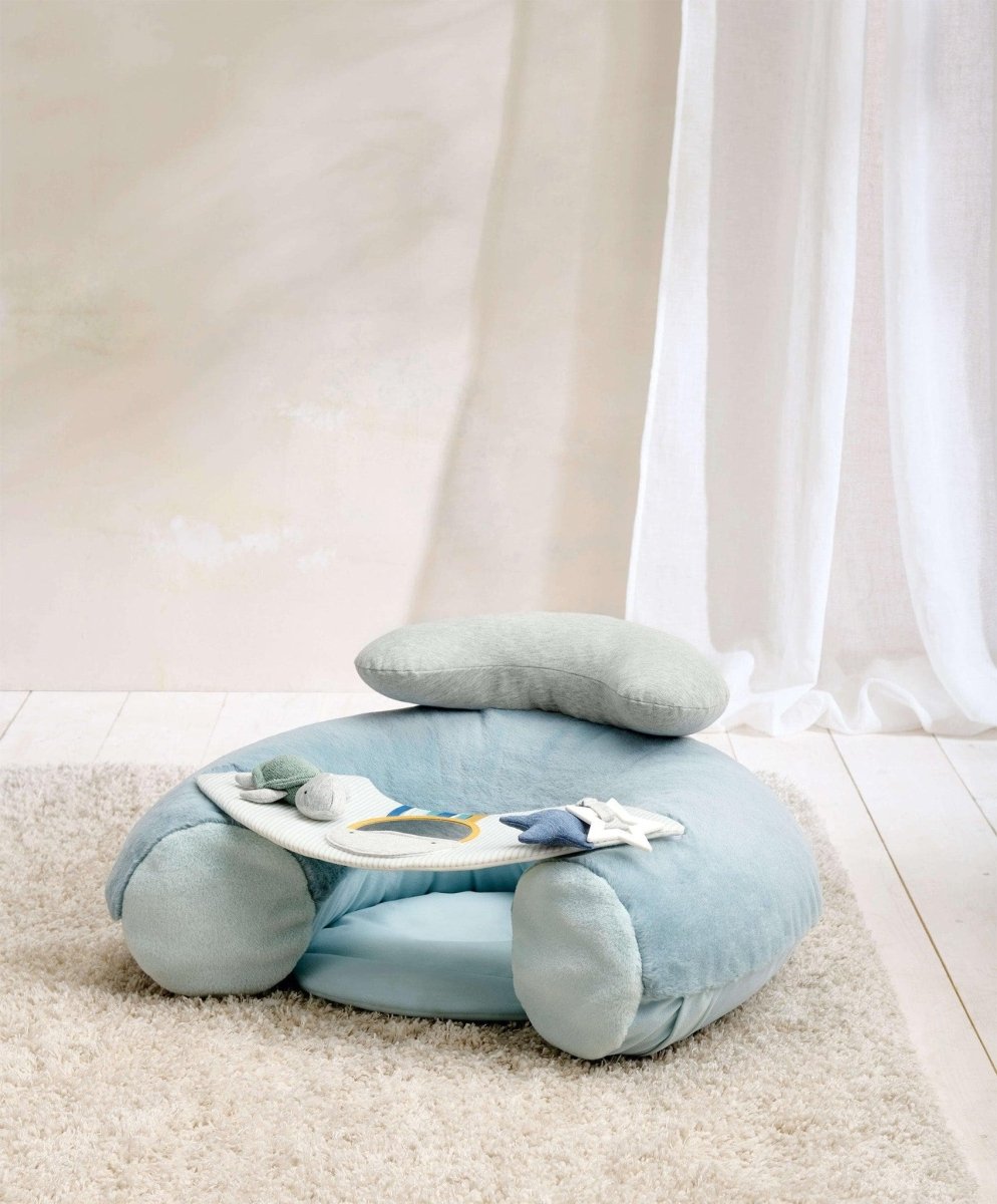 Blue interactive baby seat with undersea activity panel and soft bolsters
