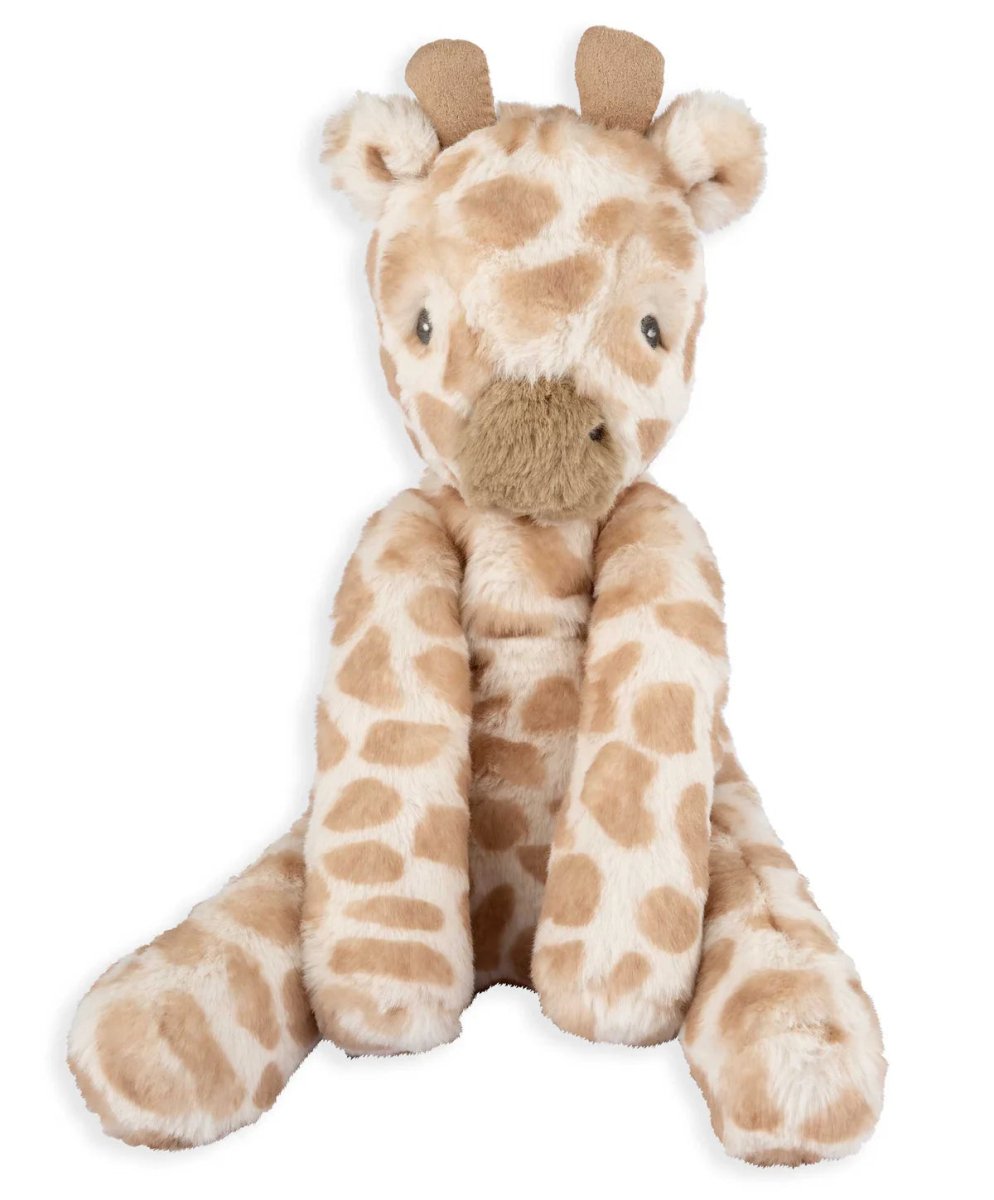 Small plush giraffe toy with upright ears and brown-spotted body, front view