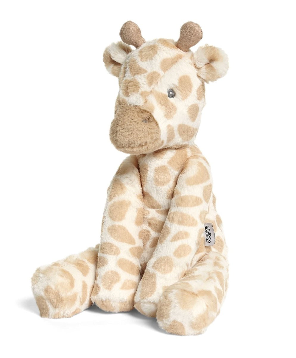 Plush giraffe soft toy in seated pose, beige and cream with embroidered eyes.