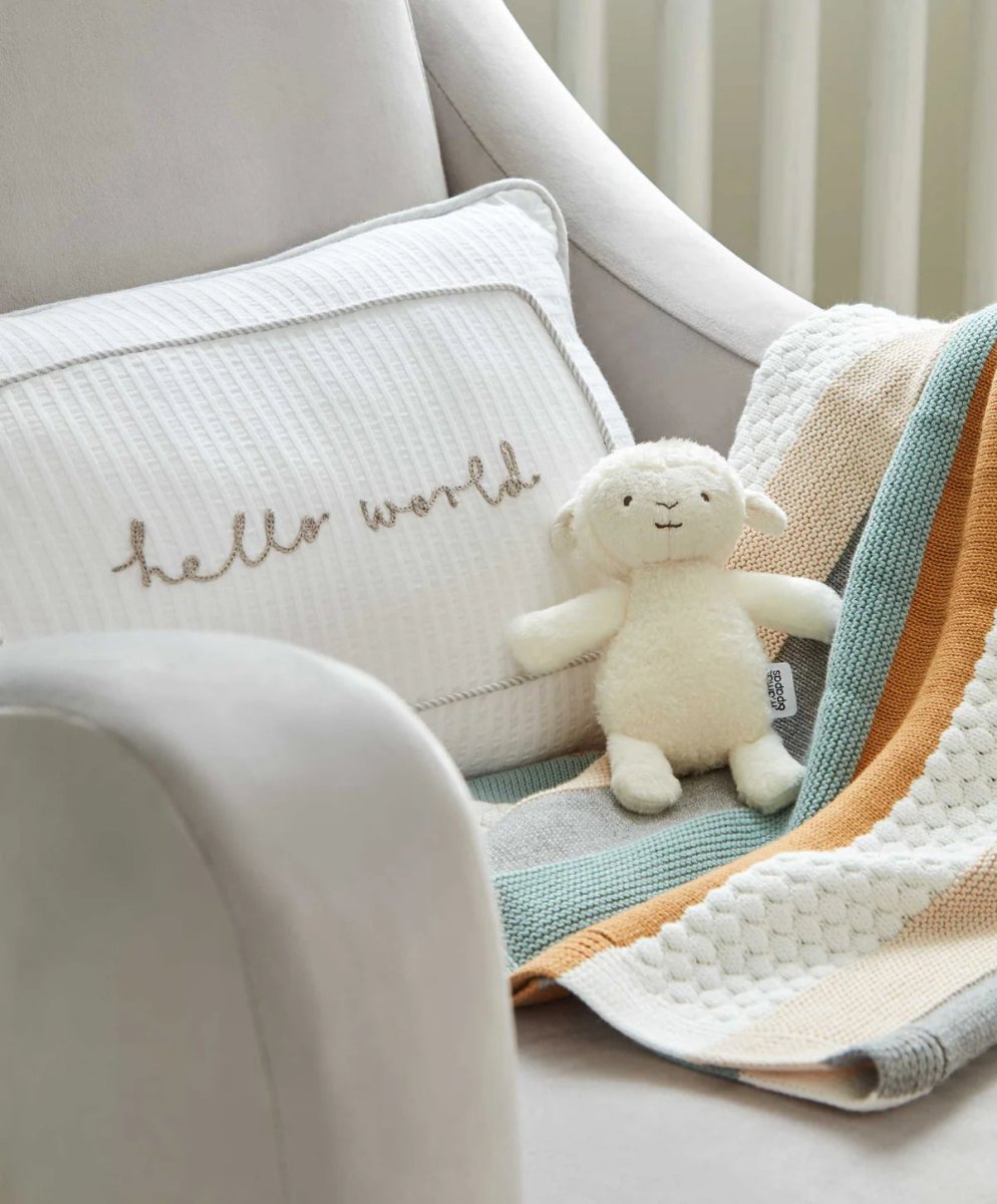 Lamb soft toy plush with beige fleece, small ears and embroidered face