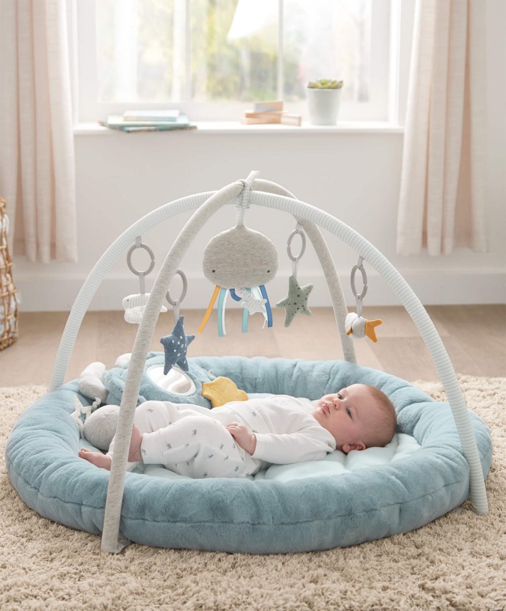 Blue baby play mat with arched activity arch and hanging sea animal toys