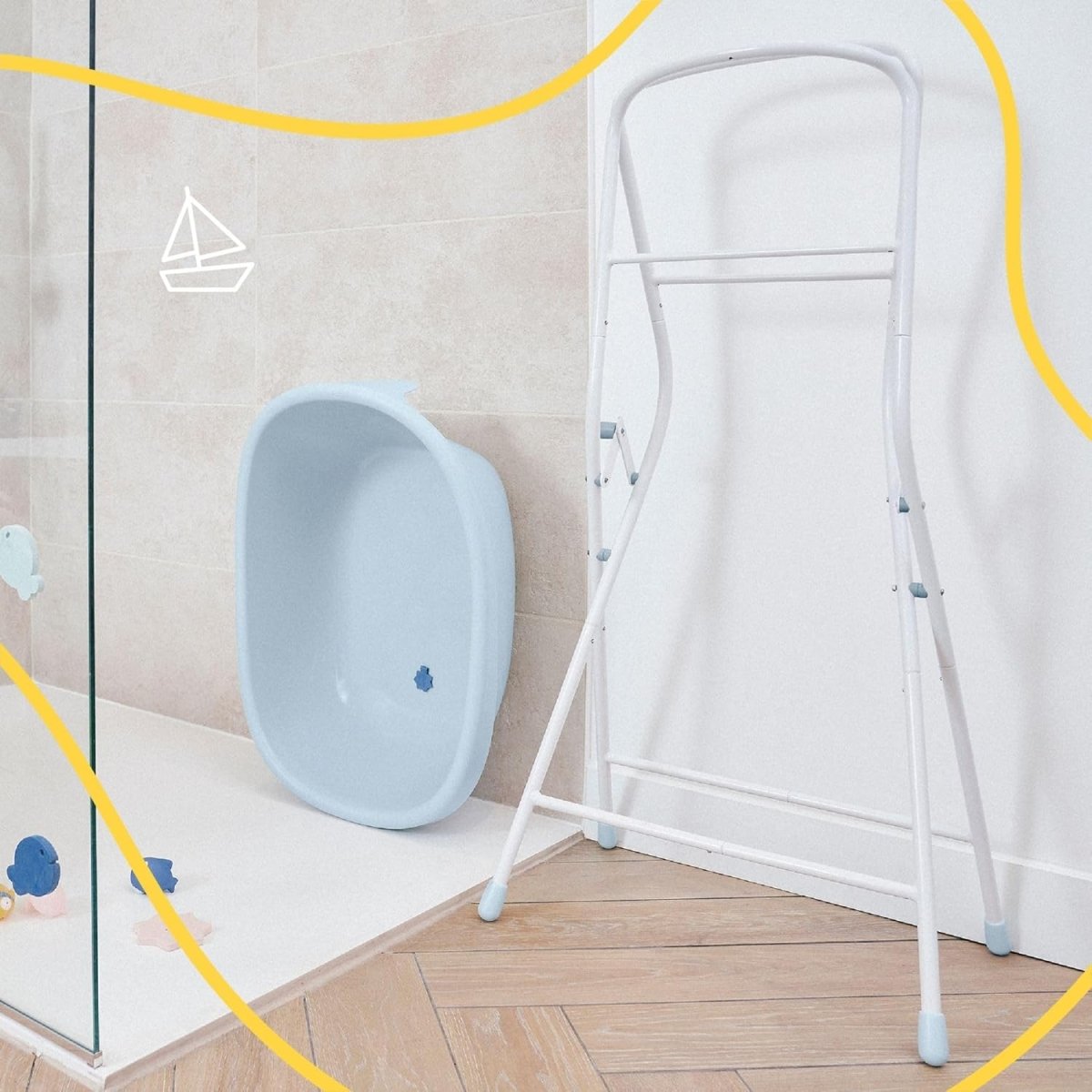Light blue baby bath tub with white folding stand