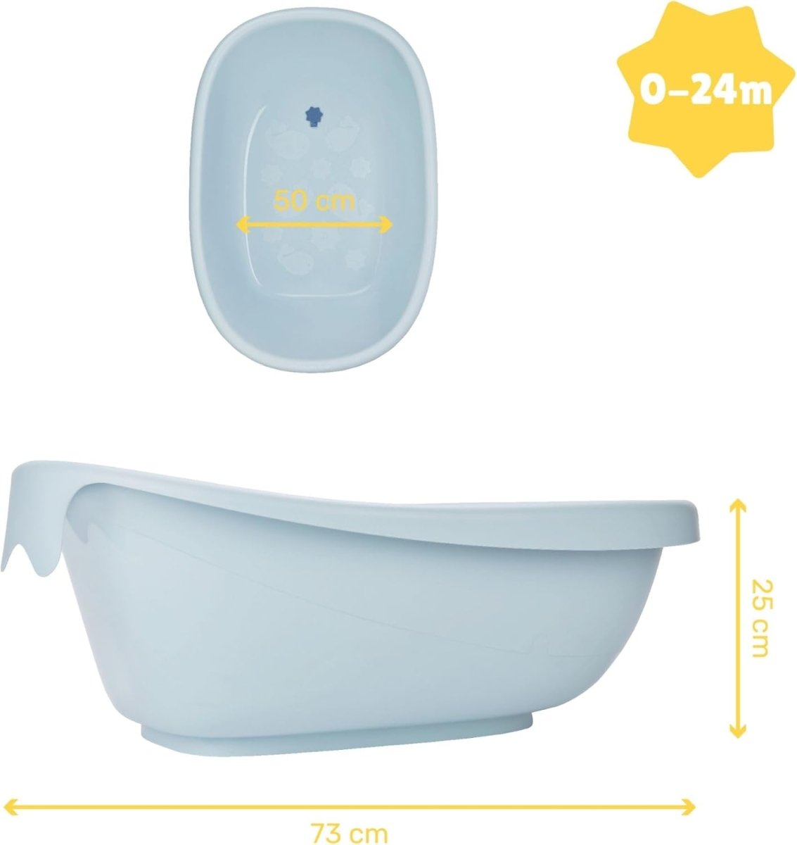 Light blue baby bath tub with size and capacity guide markings