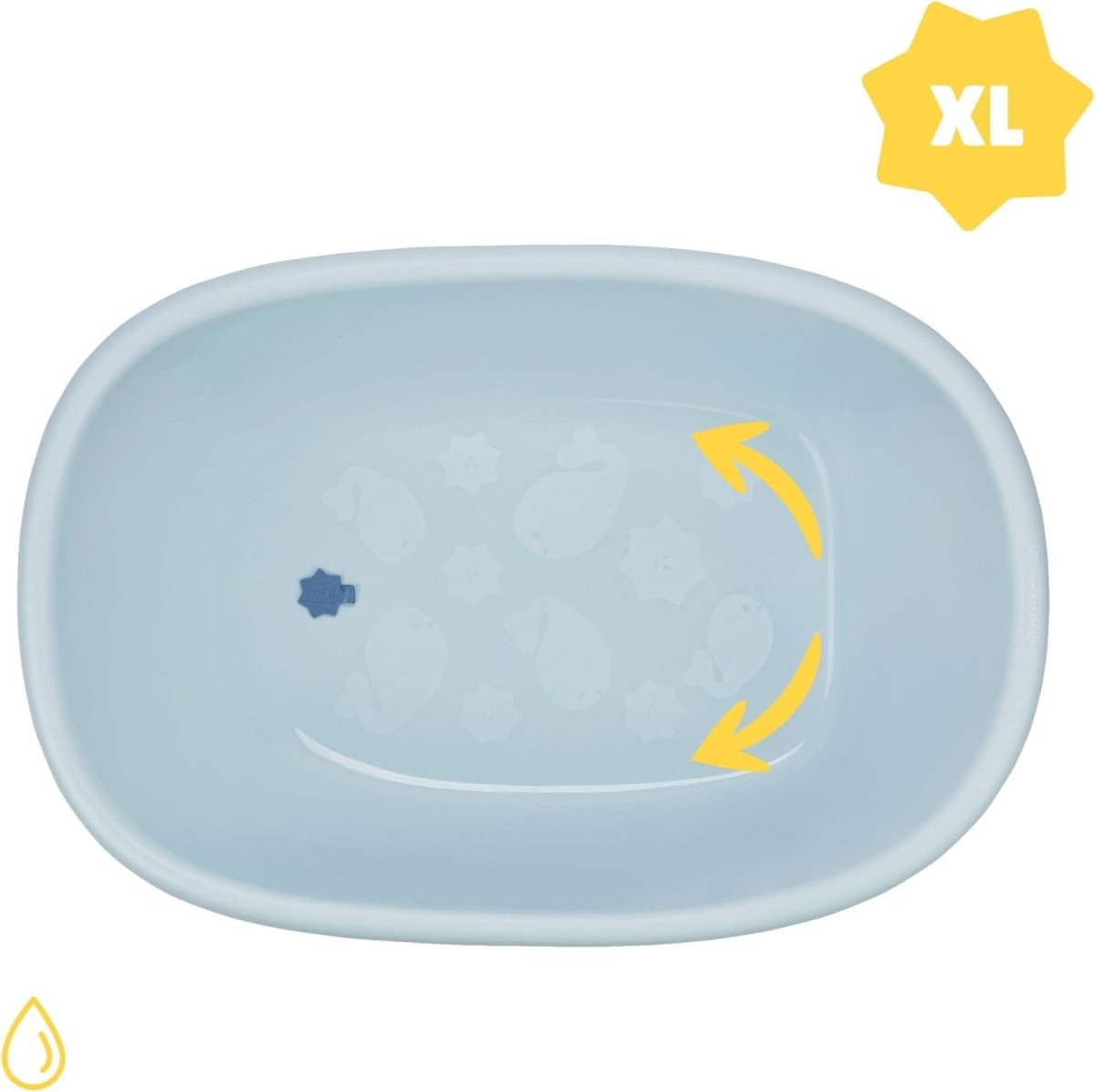Light blue oval baby bath tub basin with whale pattern and XL size badge