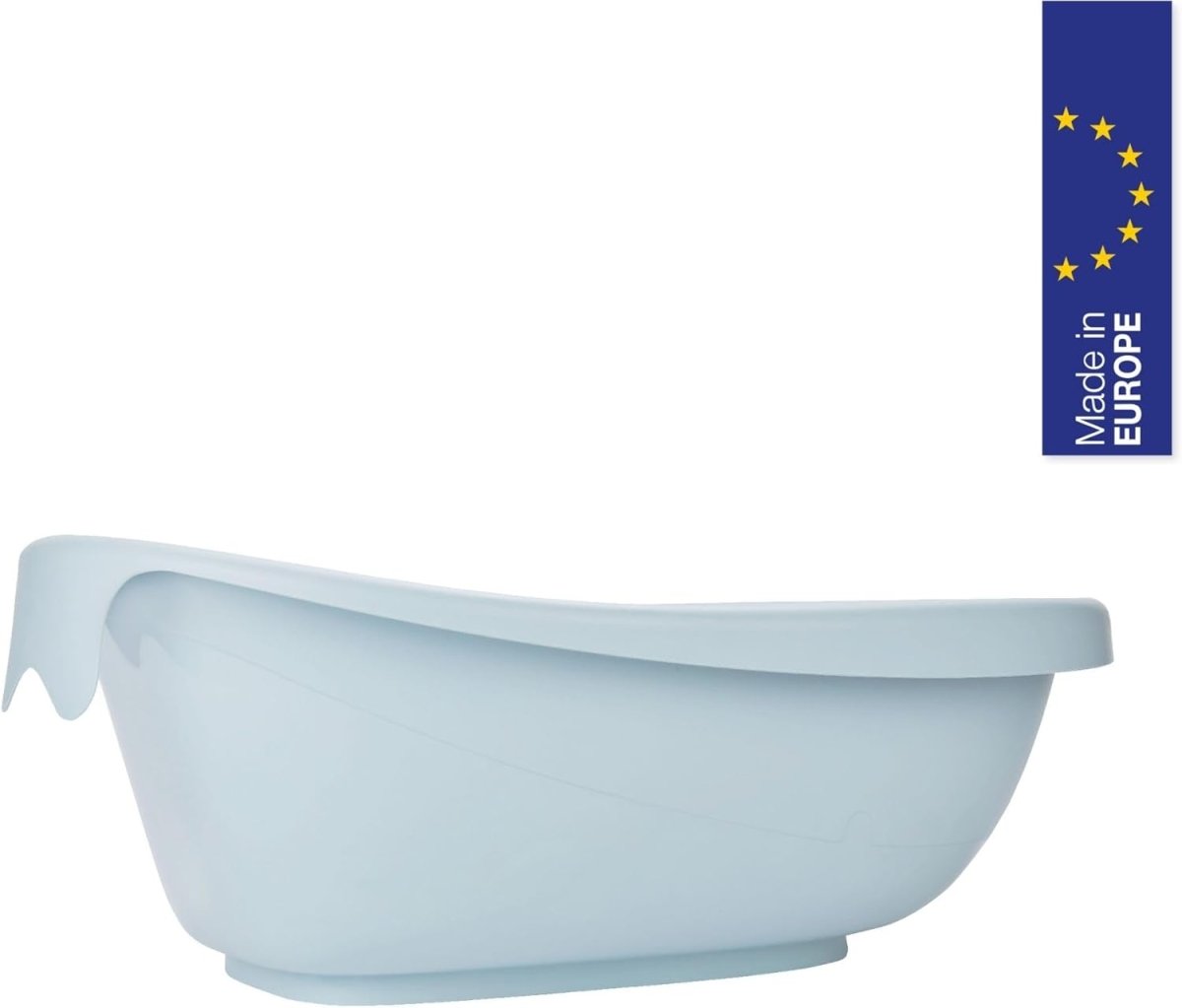 Light blue baby bath tub shell with wide rim and molded drain opening