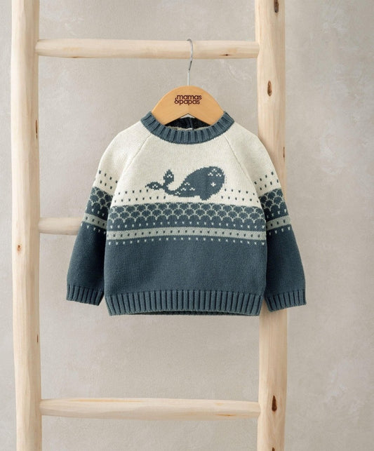 Knitted whale jumper in cream with blue yoke, whale intarsia, ribbed cuffs and hem