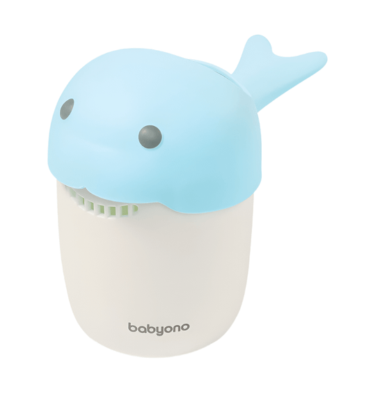 Whale shampoo rinse cup with light blue whale spout and white base, babyono logo