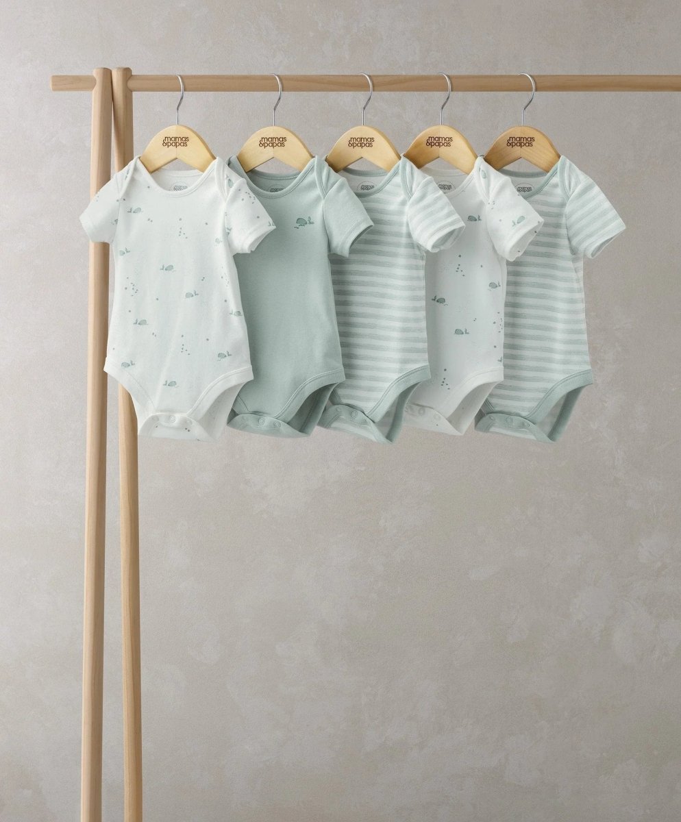 Set of 5 whale short-sleeve bodysuits in white, mint, and striped mint