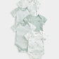 Pack of 5 short-sleeve whale bodysuits with white prints, mint stripes, and solid mint