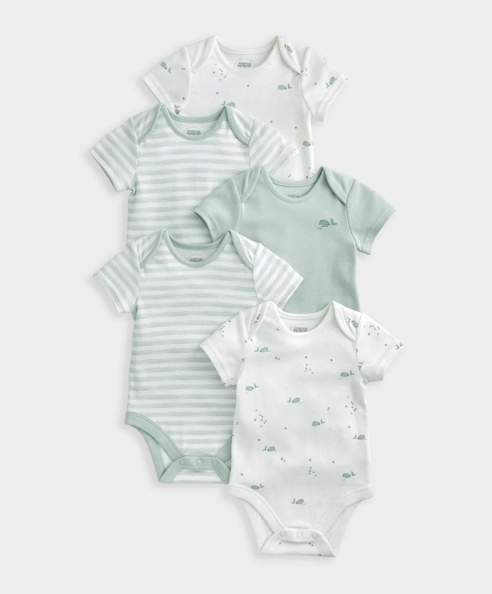 Pack of 5 short-sleeve whale bodysuits with white prints, mint stripes, and solid mint