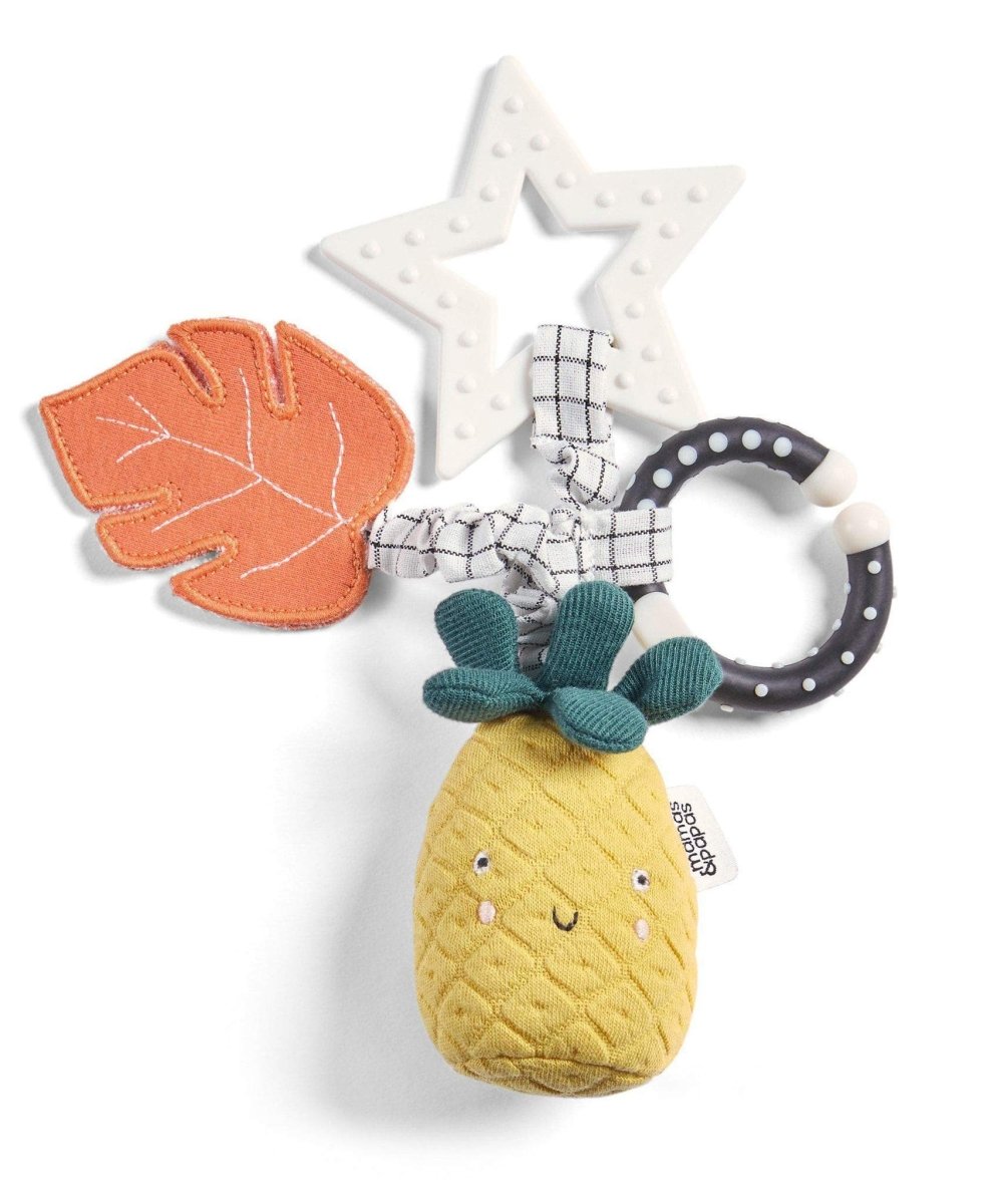 Pineapple teething toy with plush leaf, fabric star and crinkle ring, black-and-white edge