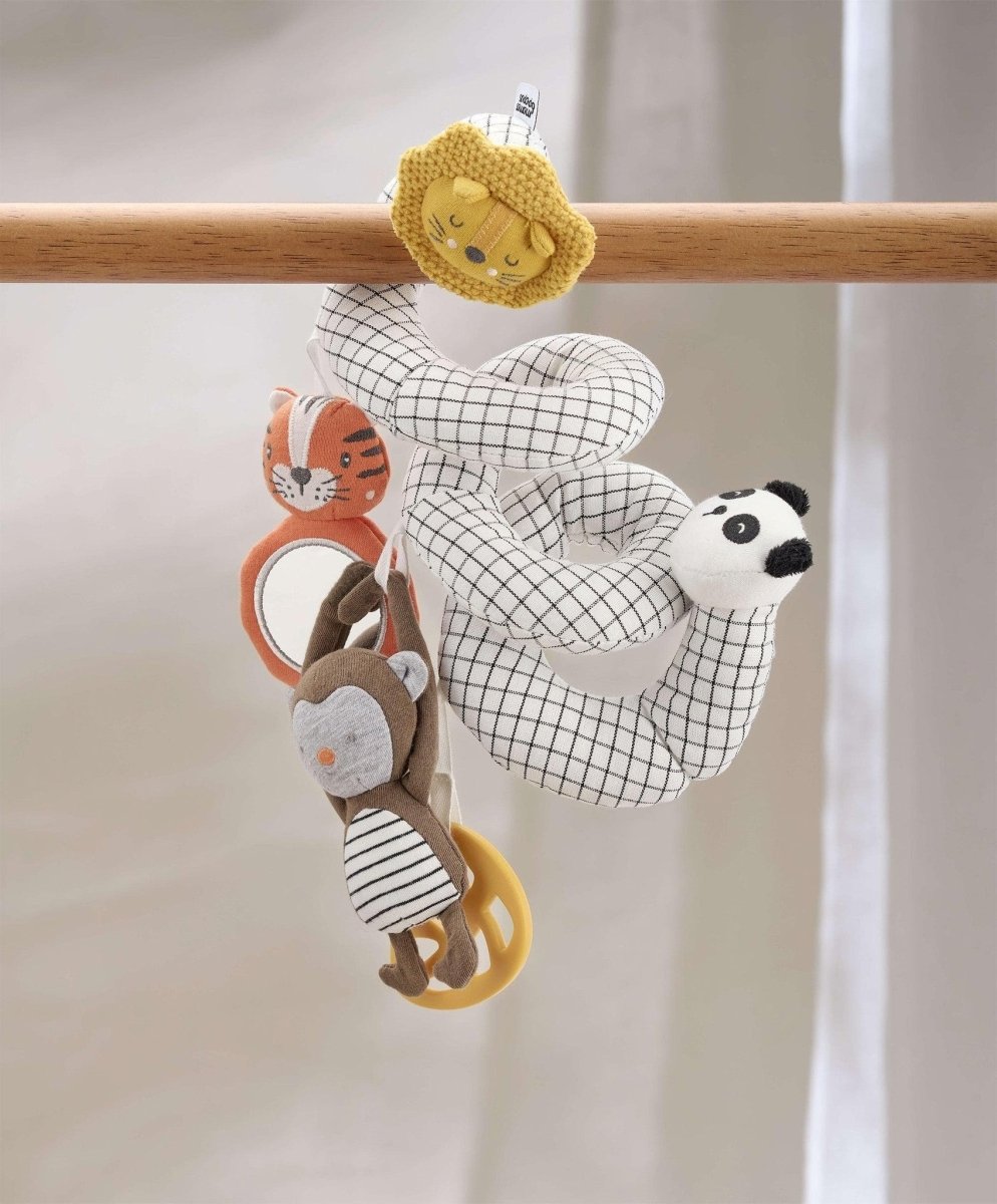 Spiral educational toy with grid fabric and hanging lion, tiger, and panda plush