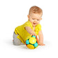 Wobble Bobble crawl-and-chase ball toy in baby’s hands, multicolor textured panels