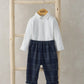 White button-front bodysuit and navy plaid trousers set