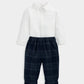 White long-sleeve bodysuit with navy plaid pull-on trousers