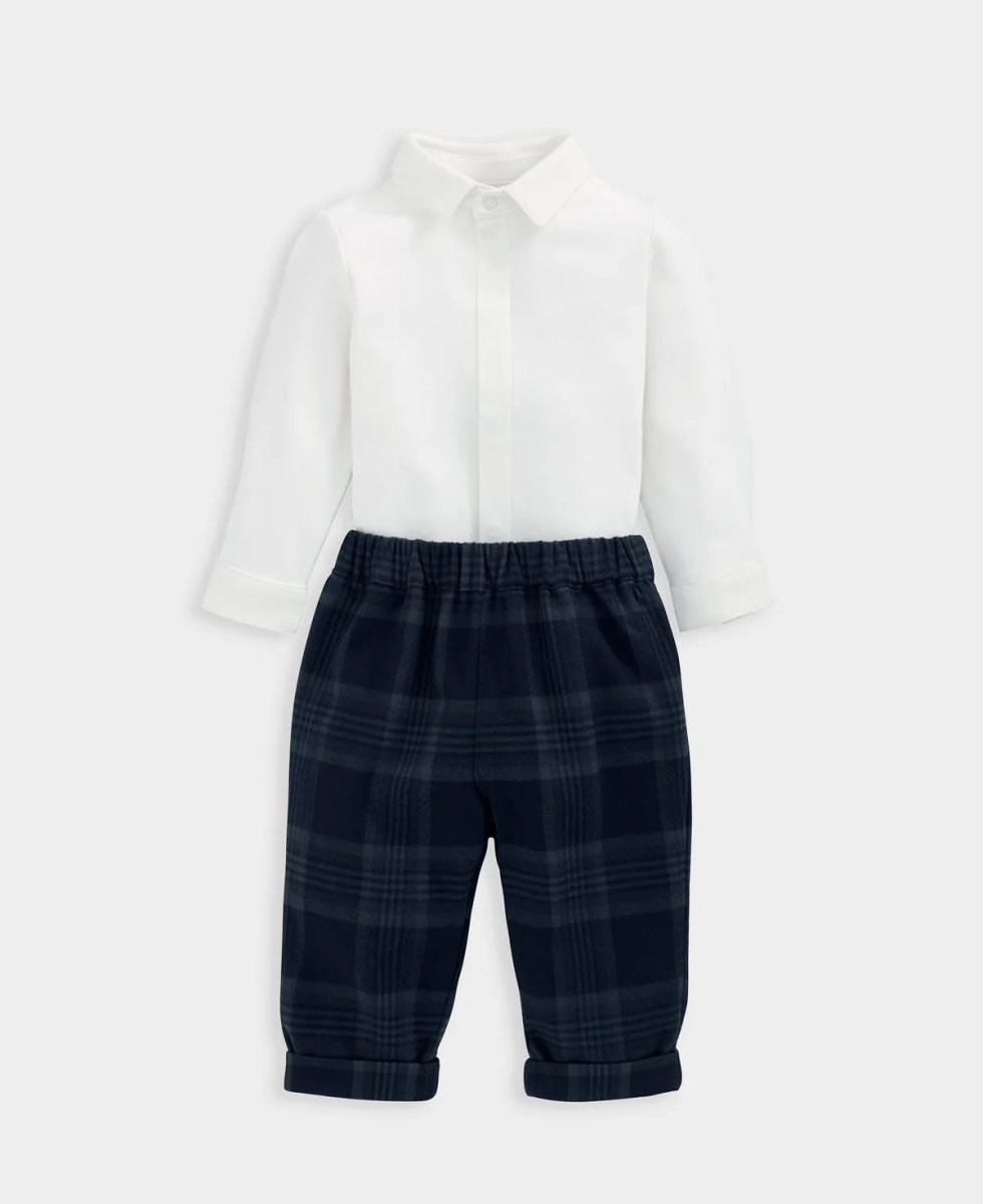 White long-sleeve bodysuit with navy plaid pull-on trousers