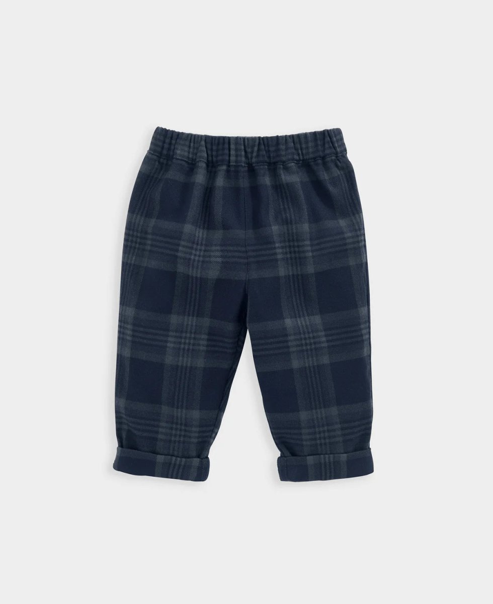 Navy plaid pull-on trousers with elastic waistband