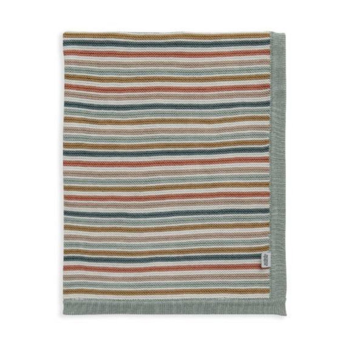 Woven cotton blanket with multicolor horizontal stripes and gray border