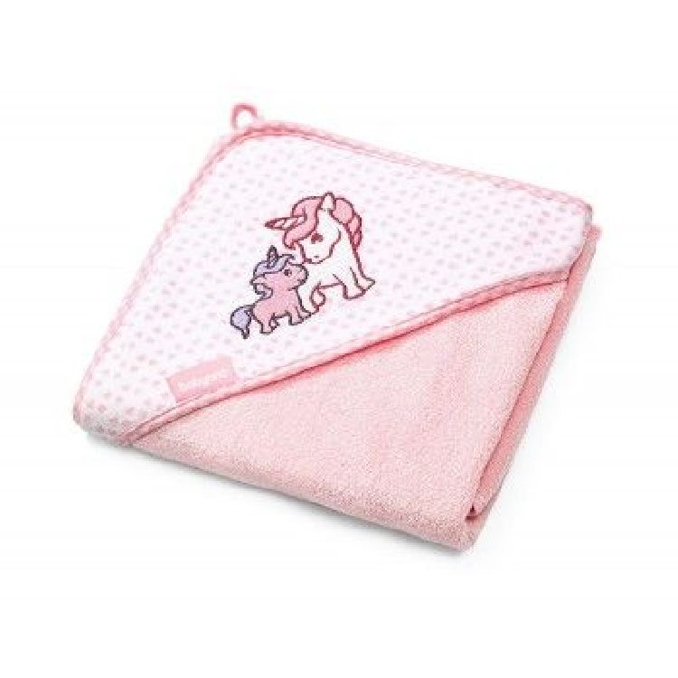 Pink bamboo bath wrap towel with hood and unicorn outline applique