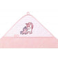 Pink bamboo bath wrap towel with hood and unicorn animal applique