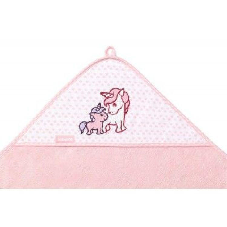 Pink bamboo bath wrap towel with hood and unicorn animal applique