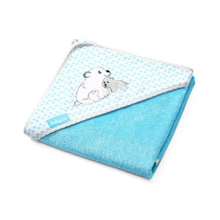 Bamboo bath wrap towel with hood, blue terry and mint patterned top with elephant