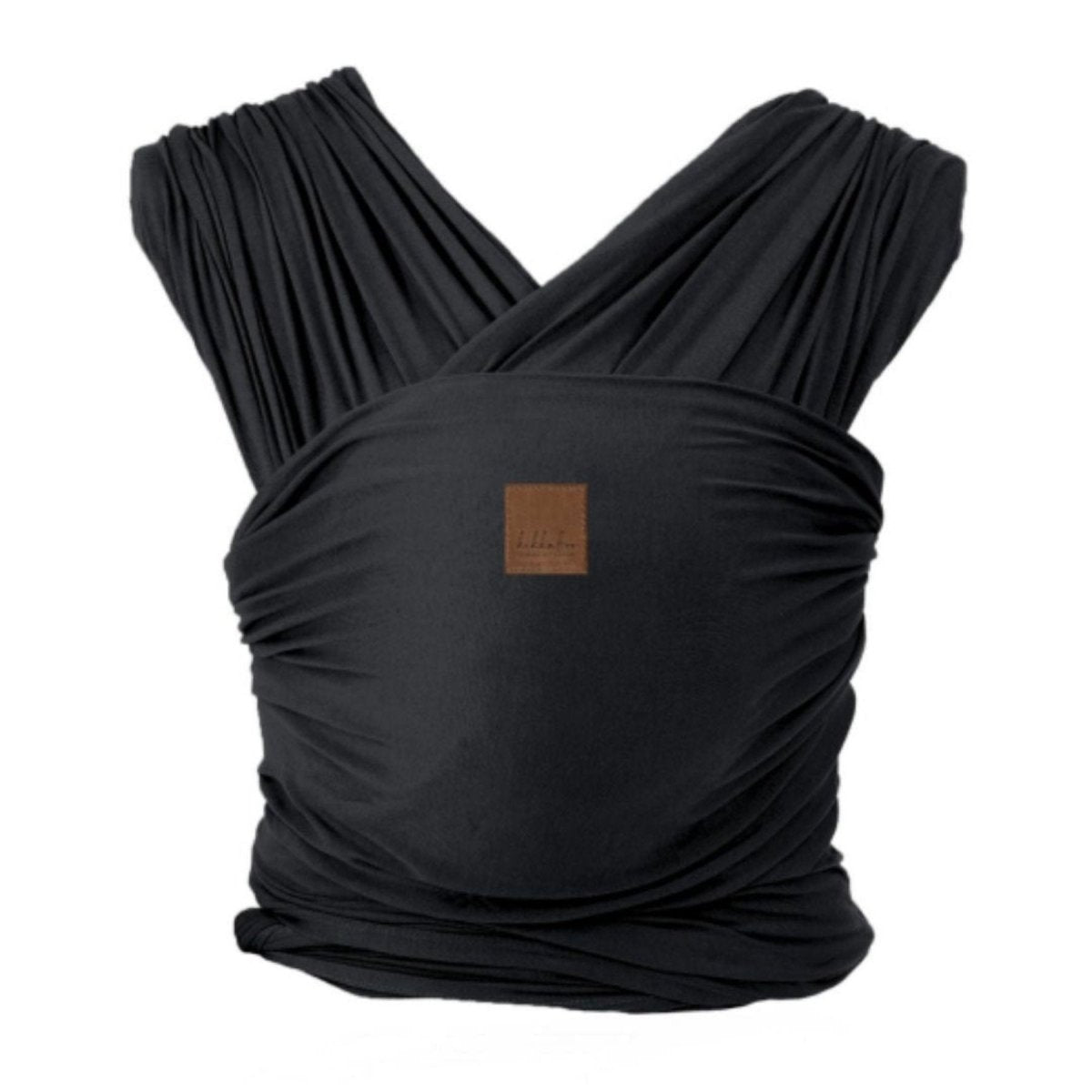 Black baby wrap carrier sling with ruched crossed wrap and central logo patch