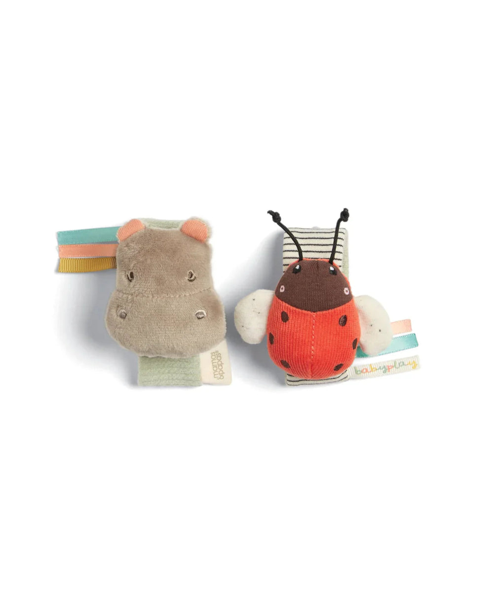 Set of two plush animal wrist rattles—gray hippo and red ladybird with straps