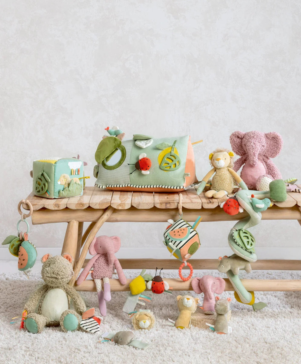 Plush wrist rattles pair: lion and lemon on playmat