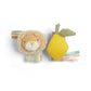Plush wrist rattles set: lion face on beige cuff and yellow lemon with leaf