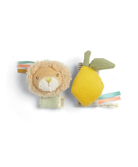 Plush wrist rattles set: lion face on beige cuff and yellow lemon with leaf