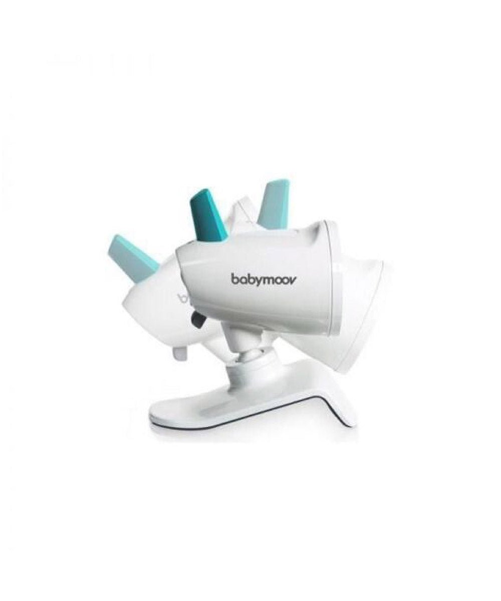 Video baby monitor camera, white stand with teal antenna arms