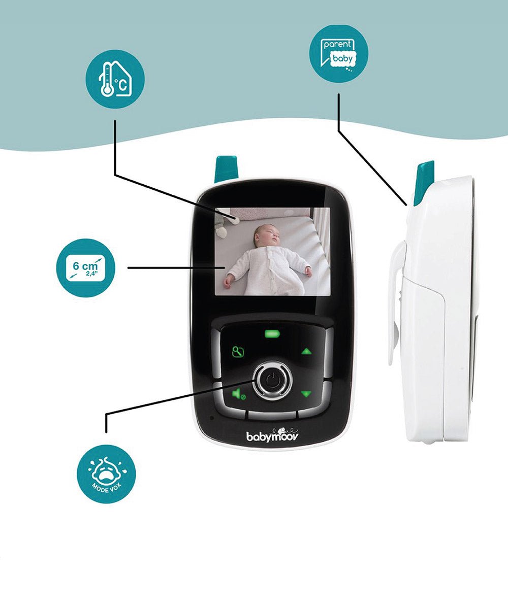 Video baby monitor with parent screen, camera unit, and annotated working range