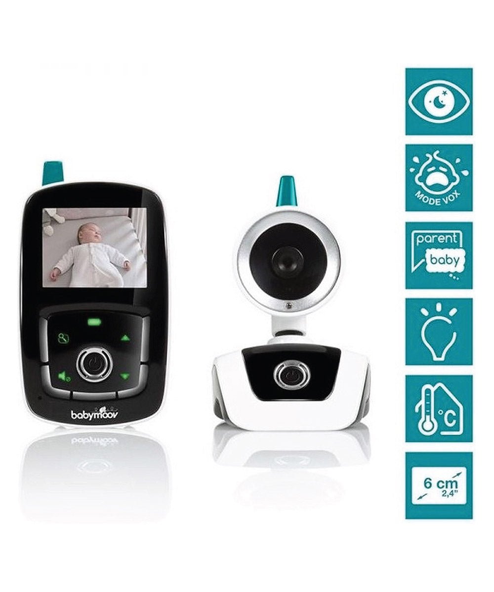 Video baby monitor set with parent screen, camera unit, and indicator icons