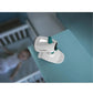 Video baby monitor camera mounted on a crib surface with teal antenna