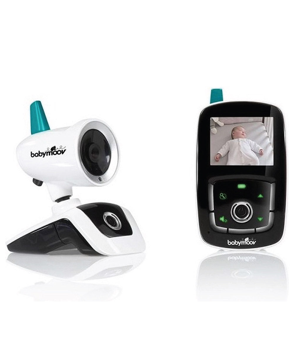 Wireless video baby monitor with white camera unit and black parent monitor screen