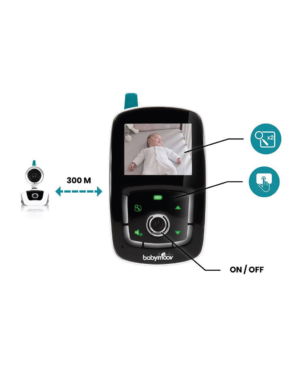 Video baby monitor diagram with camera distance indicator and parent unit controls