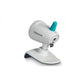 Video baby monitor with white base, grey camera head, teal antenna accents
