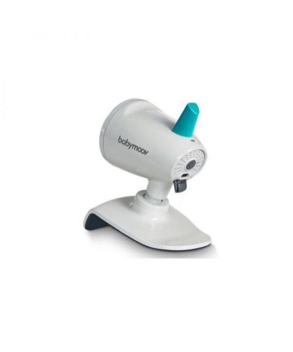 Video baby monitor with white base, grey camera head, teal antenna accents