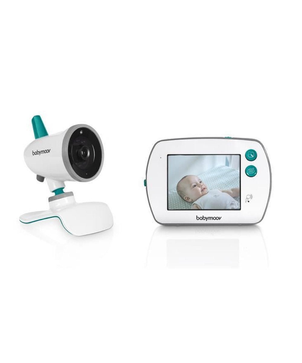 White camera unit and handheld parent monitor screen for video baby monitoring